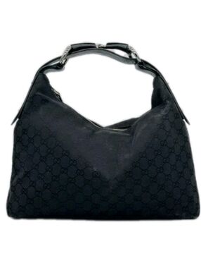 Authentic Gucci Black GG Canvas Horsebit Hobo Shoulder Bag Medium